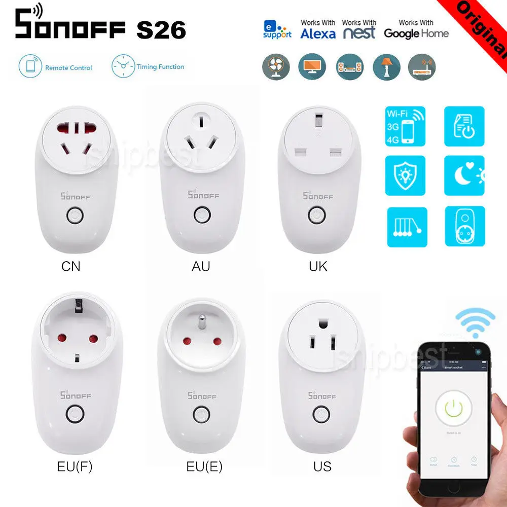 Sonoff S26 WiFi Smart Plug ЕС, США, Великобритании CN AU автоматизации умный дом дистанционного разъем выход переключатель совместим с Alexa Google дома