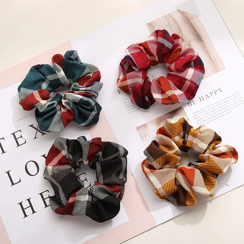 

Fashion Retro colorblock plaid Fabric Hair Scrunchy Ponytail Holder Hair ties Gum Elastic Hair Bands Rubber Bands