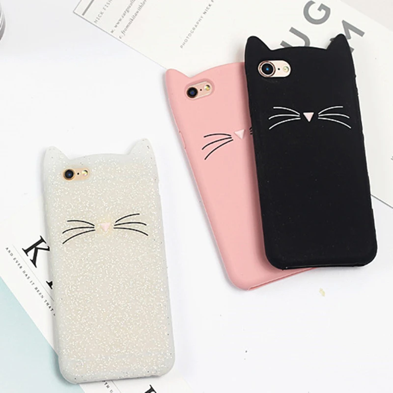 

Lovely 3D cute cartoon beard cat Ears soft silicone black Cat Phone Back Case For iPhone 6 6s 6 Plus 7 7plus 8 Cover