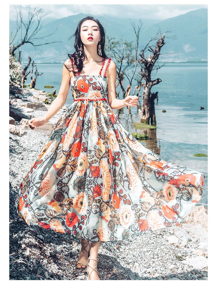 Tang women summer dress 2019 sling Floral maxi dresses boho summer vacation lace beach dress (11)