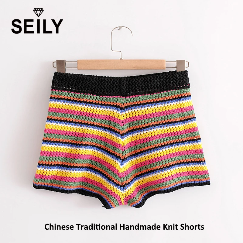 Seily Handmade Colorful Rainbow Striped Knit Wool Elastic Waist Loose Shorts Women Summer High Waist Wide Leg Short Femme Corto Seily Handmade Colorful Rainbow Striped Knit Wool Elastic Waist Loose Shorts Women Summer High Waist Wide Leg Short Femme Corto