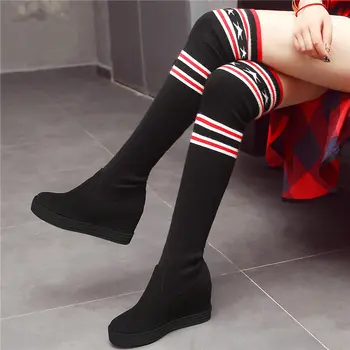 

Creepers Women Faux Suede Wedges High Heel Over The Knee High Boots Knitting Stretch Thigh High Pumps Platform Oxfords Trainers