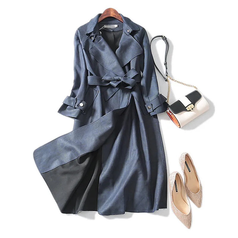 

2019 High Quality Autumn New Long Suede Trench Coat Cardigan With Belt Windbreaker Overcoat Female Long-sleeved Outerwear M146