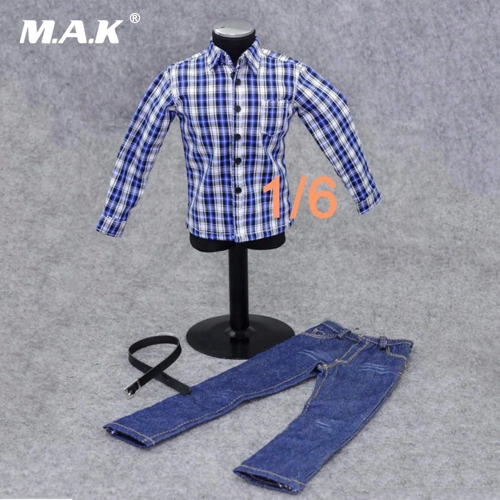 1/6 Scale Mens Plaid Shirt & Jeans Pants & Belt Clothes Models For 12