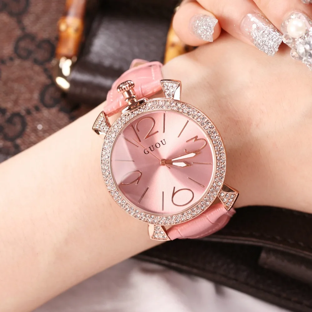 

GUOU Brand Fashion Quartz Watches Women Diamonds Leather strap Top Luxury Ladies Dress Clock Female New 2017 New relojes mujer