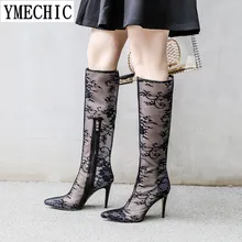 YMECHIC/ г.; летние сапоги до колена с кружевной сеткой; женские сапоги для верховой езды на молнии; пикантная женская обувь на тонком высоком каблуке с острым носком