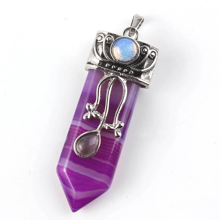 Natural Gnergy Gemstone~ Silver Plated Natural Purple Amethysts Crystal Rose Pink Quartz With Flower Sword Pendant Labradorite Jewelry 20 AA00201027109a