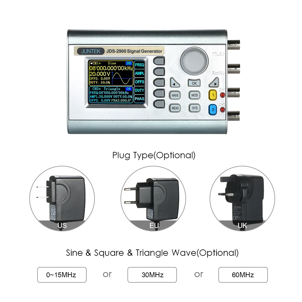 JUNTEK 60 мГц ЧПУ генератор сигналов двойной Каналы DDS Функция произвольной формы импульса источника сигнала частотомер JDS2900