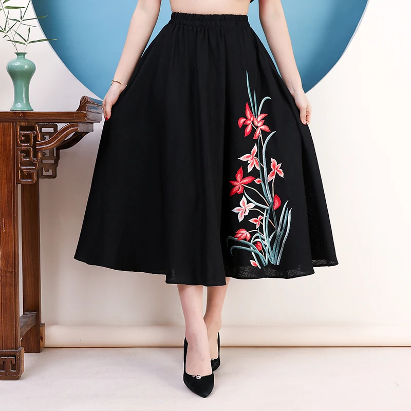 

KYQIAO faldas mujer moda 2019 WOMEN long skirt female autumn spring Chinese style ethnic long black red embroidery skirt
