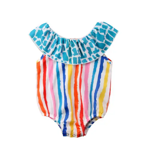 Summer Newborn Baby Girl Ruffles Colorful Vertical Stripe Rompers One