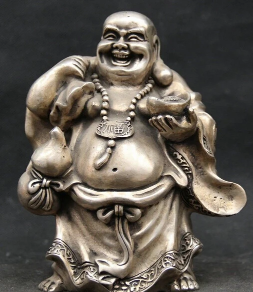 

JP S62 6" Chinese Silver Seat Happy Laugh Maitreya Buddha Money Yuanbao Gourd Fu Statue Discount 35%
