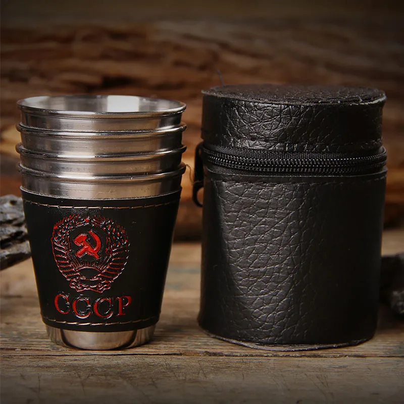 4PcsLot 30ml Outdoor Camping Cups with Black PU Leather  Portable Stainless Steel Tableware Travel Cup Set Whiskey Mugs (13)