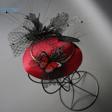 BRITNRY винтажная винно-красная Свадебная шляпка ручной работы Цветы с черным тюлем Свадебная шляпа высокого качества свадебные аксессуары