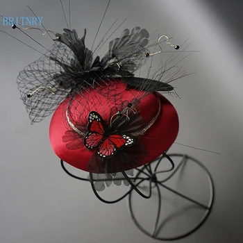 

BRITNRY Vintage Wine Red Wedding Hat Handmade Flowers with Black Tulle Bridal Hat High Quality Bridal Accessories