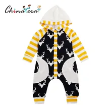 

Cute Elk Print Pattern Front Buttons Newborn Baby Rompers Stripe Pockets Jumpsuit Cotton Hooded Long Sleeve Clothing