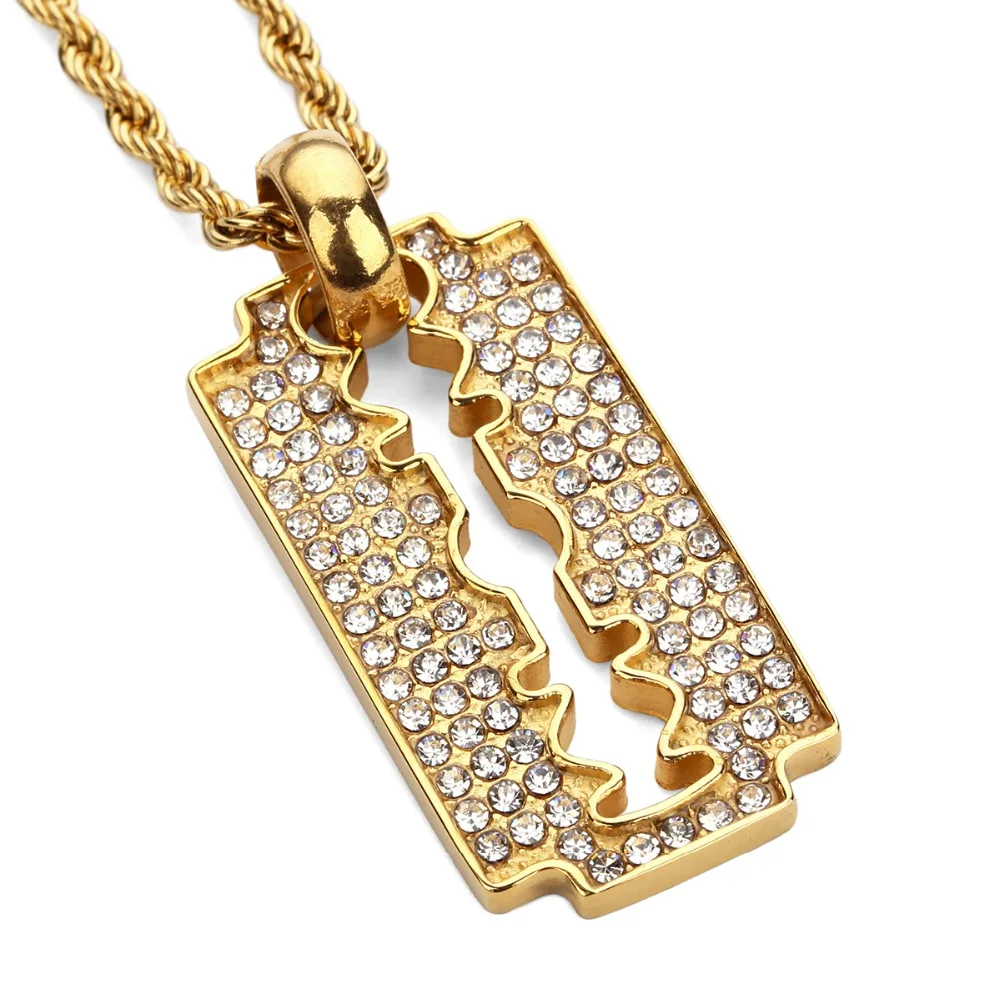 

Stainless Steel Blade Pendant Necklace Full Of Rhinestone Rope Chain Gold Trend HIP HOP BLING Necklace
