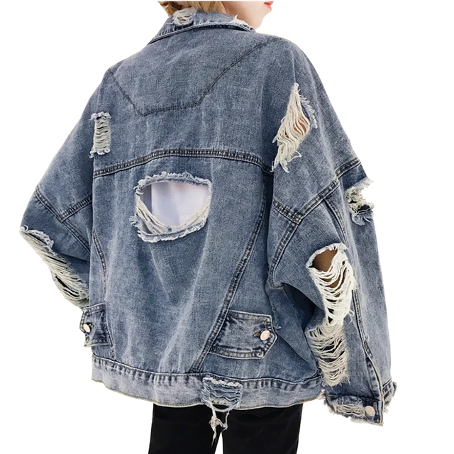 2018 Fall Fashion Ripped Hole Jean Jacket Womens Loose Casual Denim Coat Harajuku Streetwear Long Sleeve Denim Jacket ZURICHOUSE
