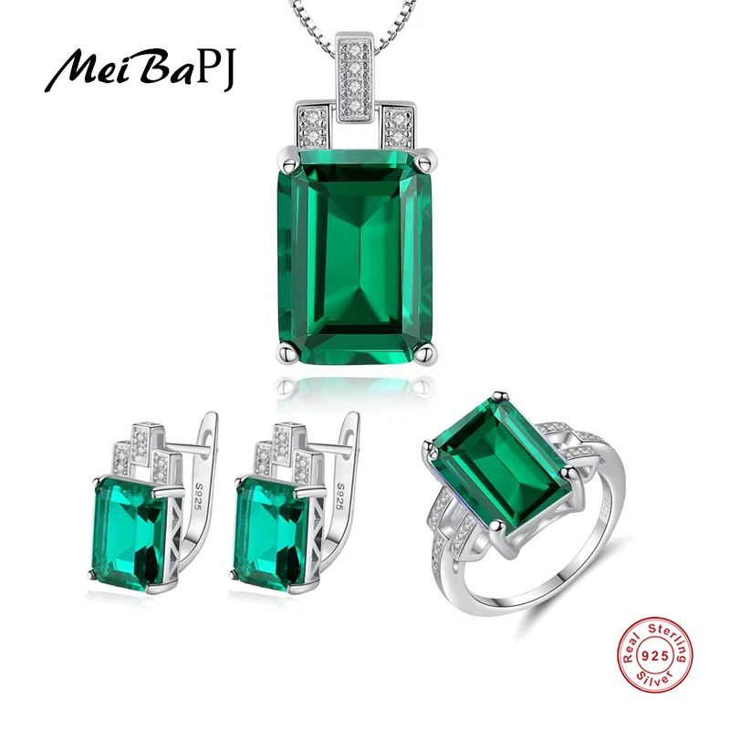 

MeiBaPJ New Rainbow Stone 3 Suit Jewelry Set Real 925 Sterling Silver Pendant Earrings Ring Fine Charm Jewelry for Women