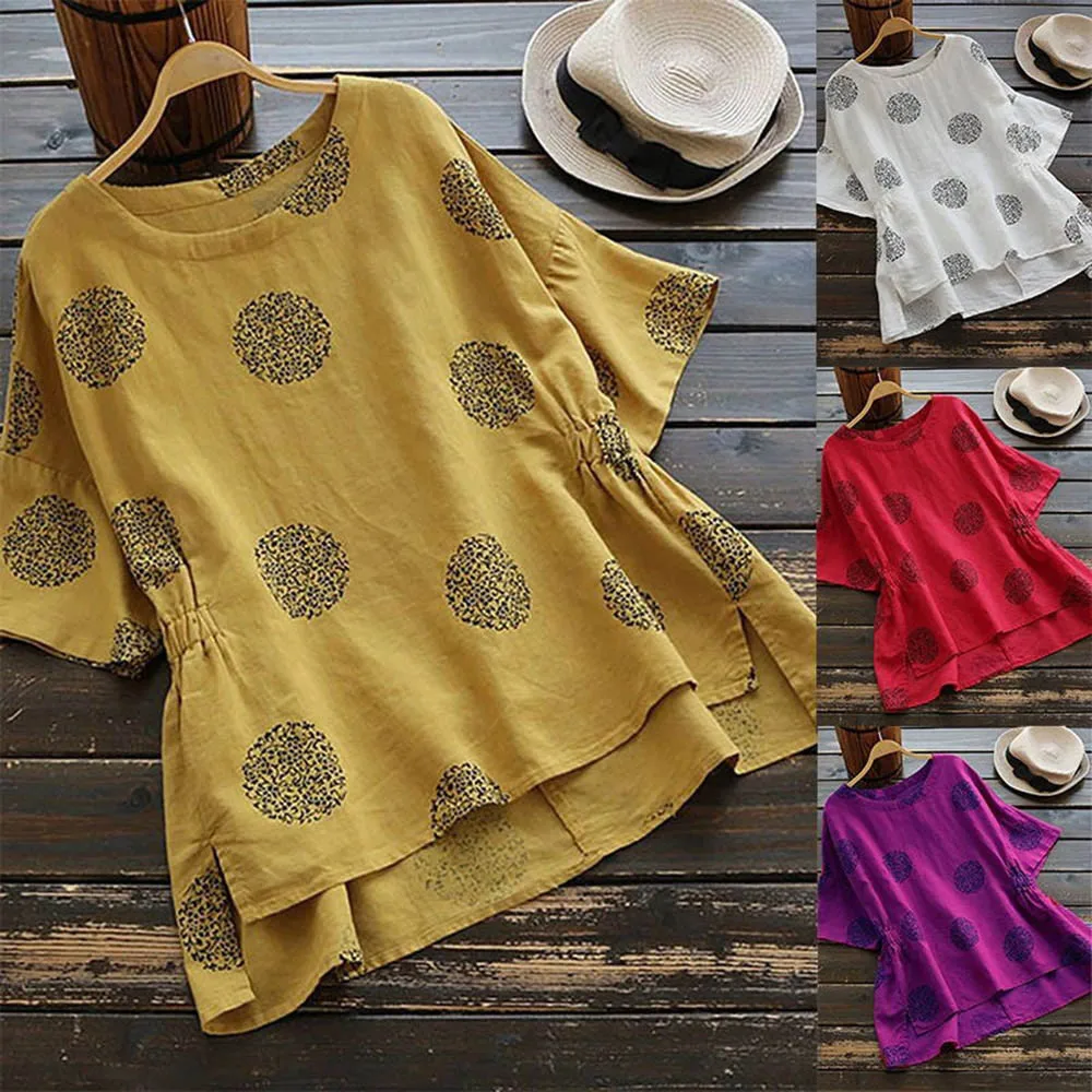 

Fashion Women Plus Size Dot Print Loose Cotton Short solid color Round neck Sleeved Shirt Vintage roupas femininas#15