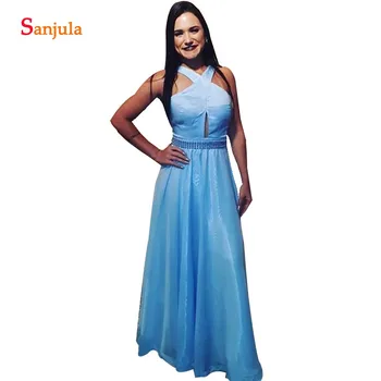 

Robe Longue A-line Long Blue Satin Bridesmaid Dresses With Pearls Keyhole Front Criss-cross Back Elegant Party Dress
