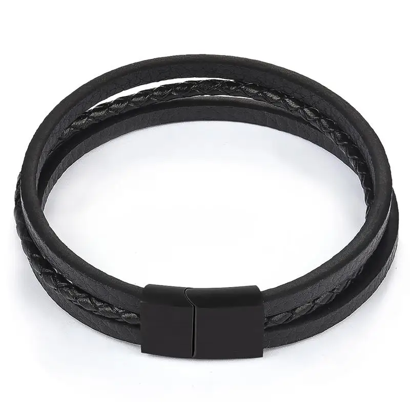 Jiayiqi черный кожаный браслет для мужчин модные плетеные оплетка из нержавеющей стали магнитный браслет со стальными элементами браслет мужские ювелирные изделия - Окраска металла: Men Bracelet