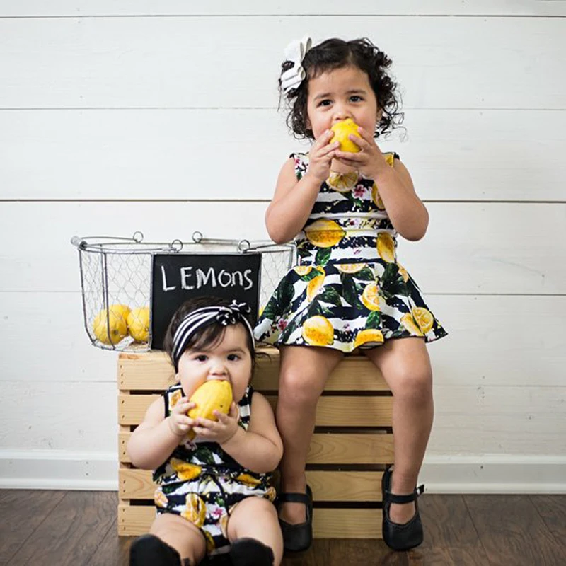 

2019 Family Matching Clothes Baby Girls Sister Matching Fruit Lemon Clothes Jumpsuit Romper Dress Outfit Set Baby Girls Clothes