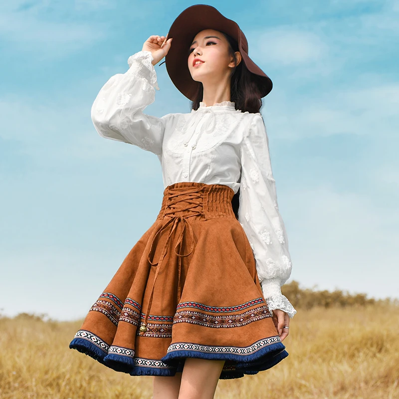 Boshow модная короткая мини юбка для женщин с вышивкой национальный тренд замшевая юбка весна и осень высокая талия