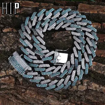 

HIP HOP 14MM Iced Out Cubic AAA Zircon Mint Blue CZ Miami Cuban Chain Necklace For Men Jewelry