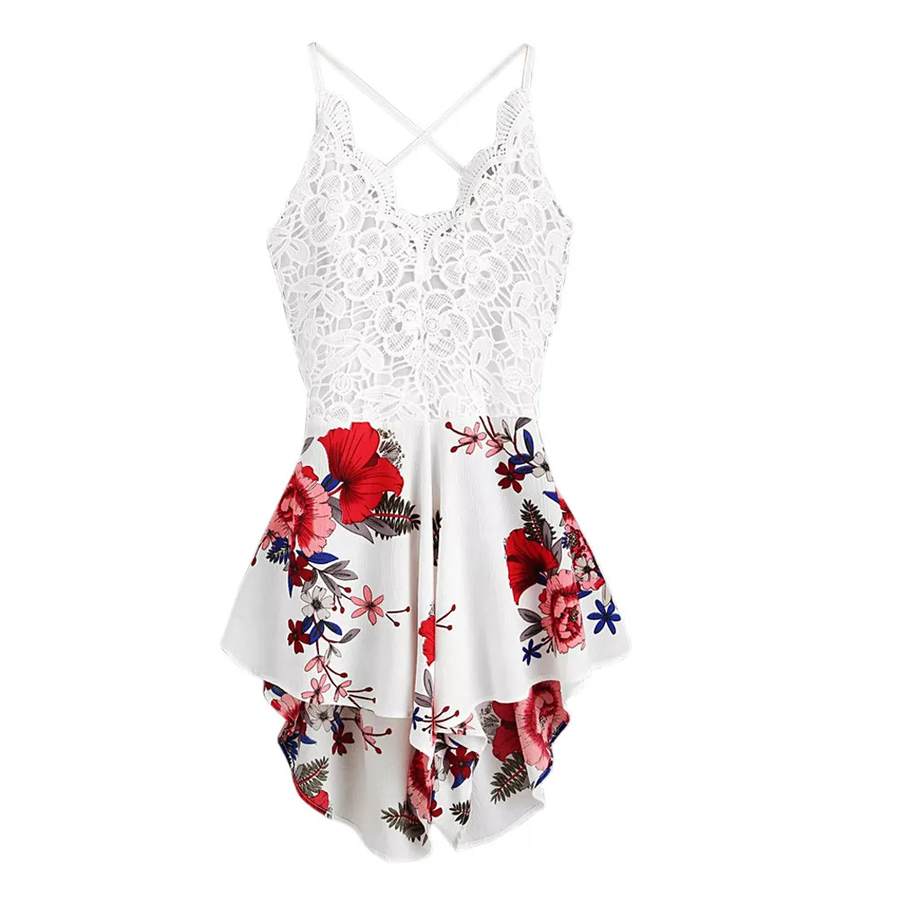 

Women's Crochet Lace Panel Bow Tie Back Floral Print Jumpsuit Female Backless Ladies Summer Casual Fashion Shorts Jumpsuit