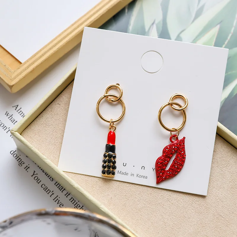 Fashion Asymmetric Sexy Red Lip Earrings Rhinestones Mouth Lipstick Gold s925 Needle Luxury Women Tassel Long Korean Jewelry J34