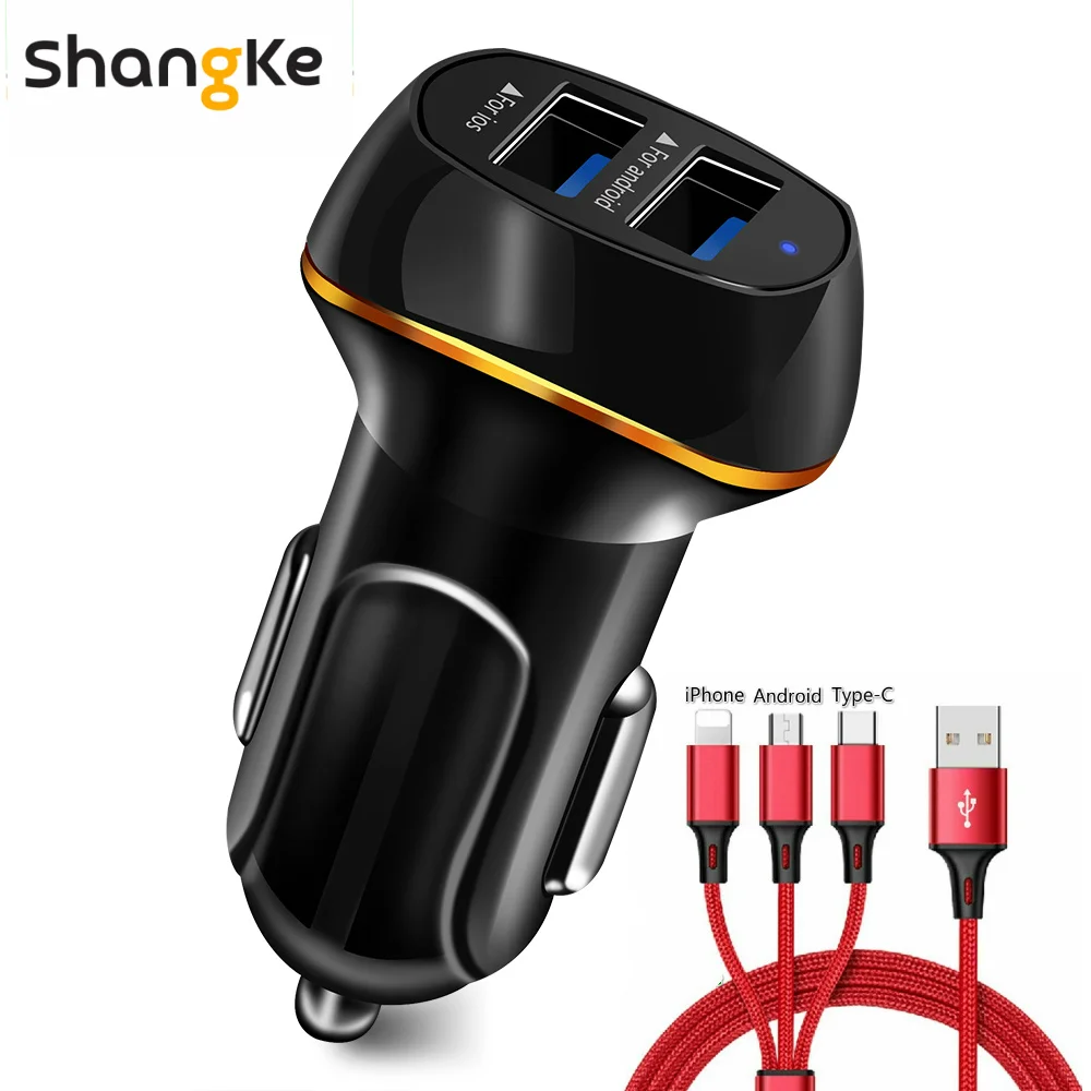 Автомобильное зарядное устройство Shangke, автомобильный прикуриватель, 5 В, 3,1 А, быстрая зарядка, двойной usb-порт, светодиодный, автомобильное зарядное устройство, применимое к смартфону, автомобильное зарядное устройство - Тип штекера: Black package