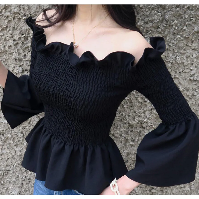 

Autumn Ruffle Collar Slash Neck Women's Blouse Elastic Waist Stretch Shirts Off Shoulder Flare Sleeve Elegant Blusas sexy Tops