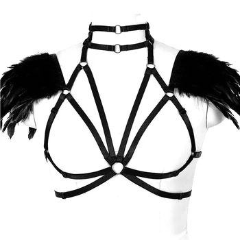 

Gothic Feathers Epaulettes Body Harness Shoulder Angel Wings Bra Sexy Strappy Caged Bra Burningman Festival Rave Wear Lingerie