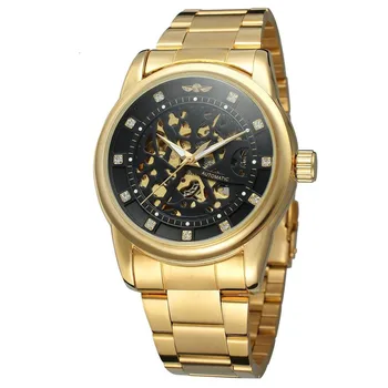

Royal Diamond Design Black Golden Watch Montre Homme Mens Watches Relogio Male Skeleton Mechanical Watch Stainless Steel Band