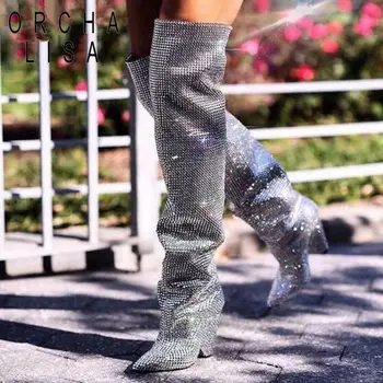 

ORCHA LISA Crystal Knee high boots Women High heel Boots Runway shoes glitter boots Spike heel pointed toe booties ladies
