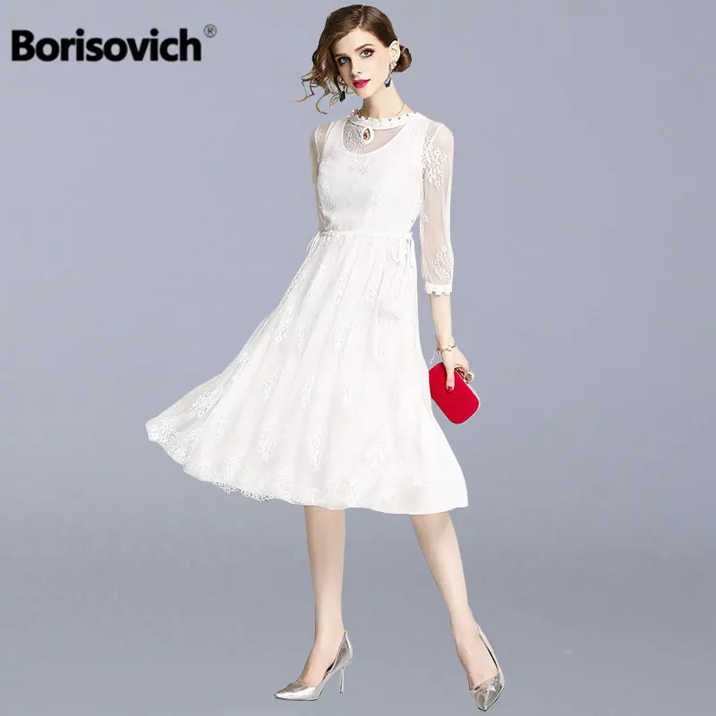 

Borisovich Women Casual Dress New Brand 2018 Autumn Fashion White Mesh Elegant Lace Big Swing Ladies Party Dresses M640