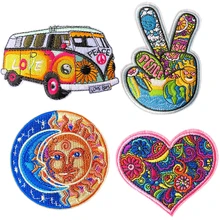 4 шт. патч матерчатые нашивки хиппи любовь автобус цветы мир патч искусство вышитые железные пришить нашивка аппликации для DIY одежды