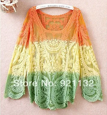 

8026 Free Shipping Woman New 2014 Scoop Neck Gradient Color Hooked Flower Lace Loose Long Sleeve Female Fashion Blouse Shirt