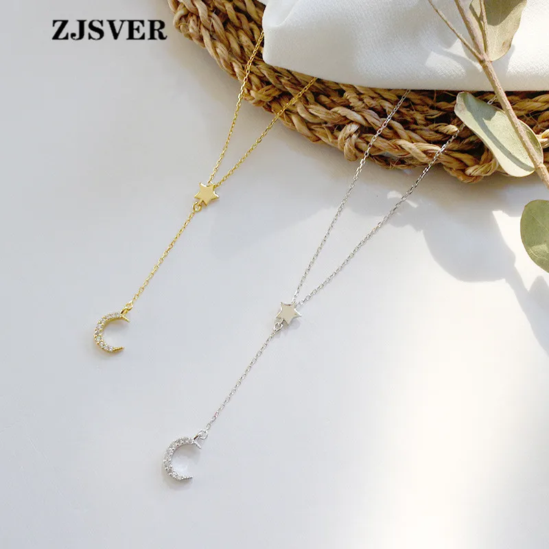 

ZJSVER Fine Jewelry 925 Sterling Silver Necklace Micro-inlaid Star Moon Pendant Bohemia Style Golden/Silver Chain Women Necklace