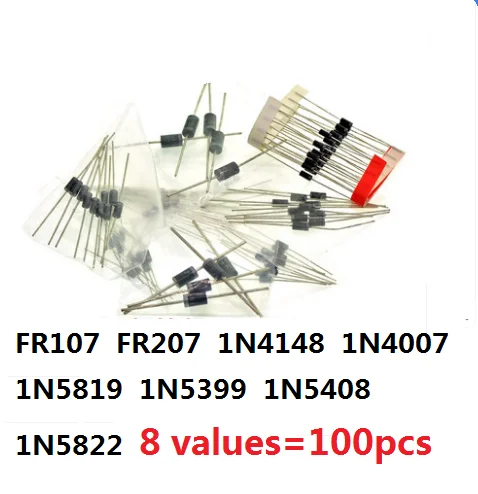 

Diode Kit FR107 FR207 1N4148 1N4007 1N5819 1N5399 1N5408 1N5822 8values=100pcs, Assorted Kit set Electronic Components Package