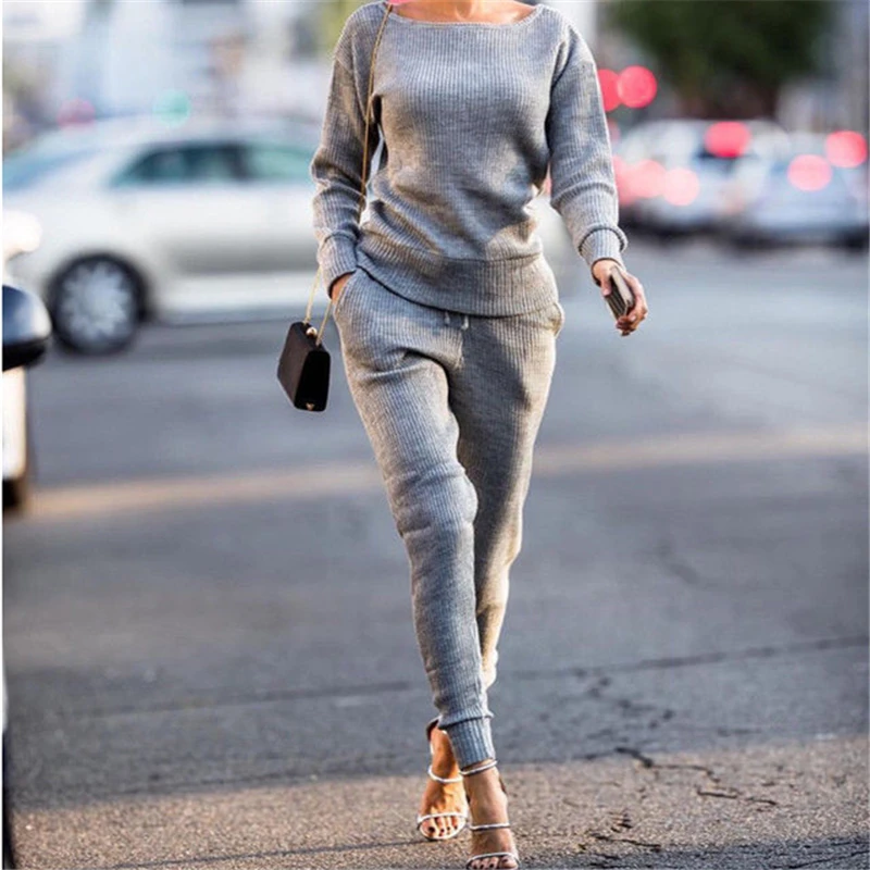 2 Pieces Bodycon Jumpsuit Long Sleeve Top Pants Plus Size Cotton Blend