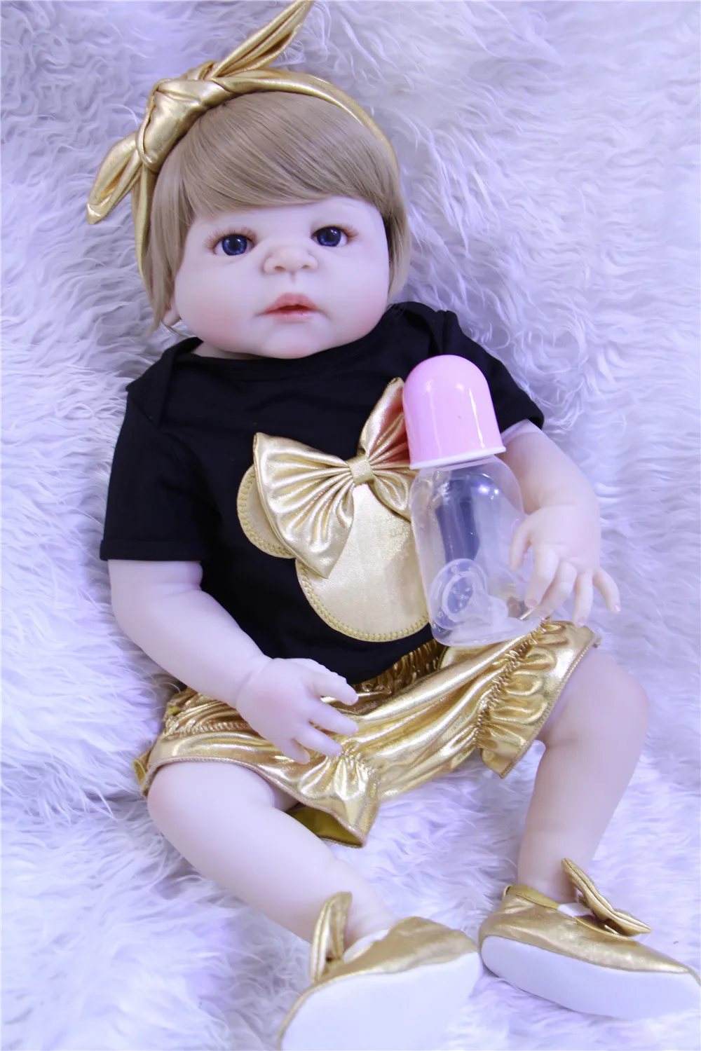 

23''big eyes Reborn Baby stuffed Silicone Lifelike Bonecas Bebek Reborn Menina De Xmas Interactive Gifts in Cute cartoon clothes