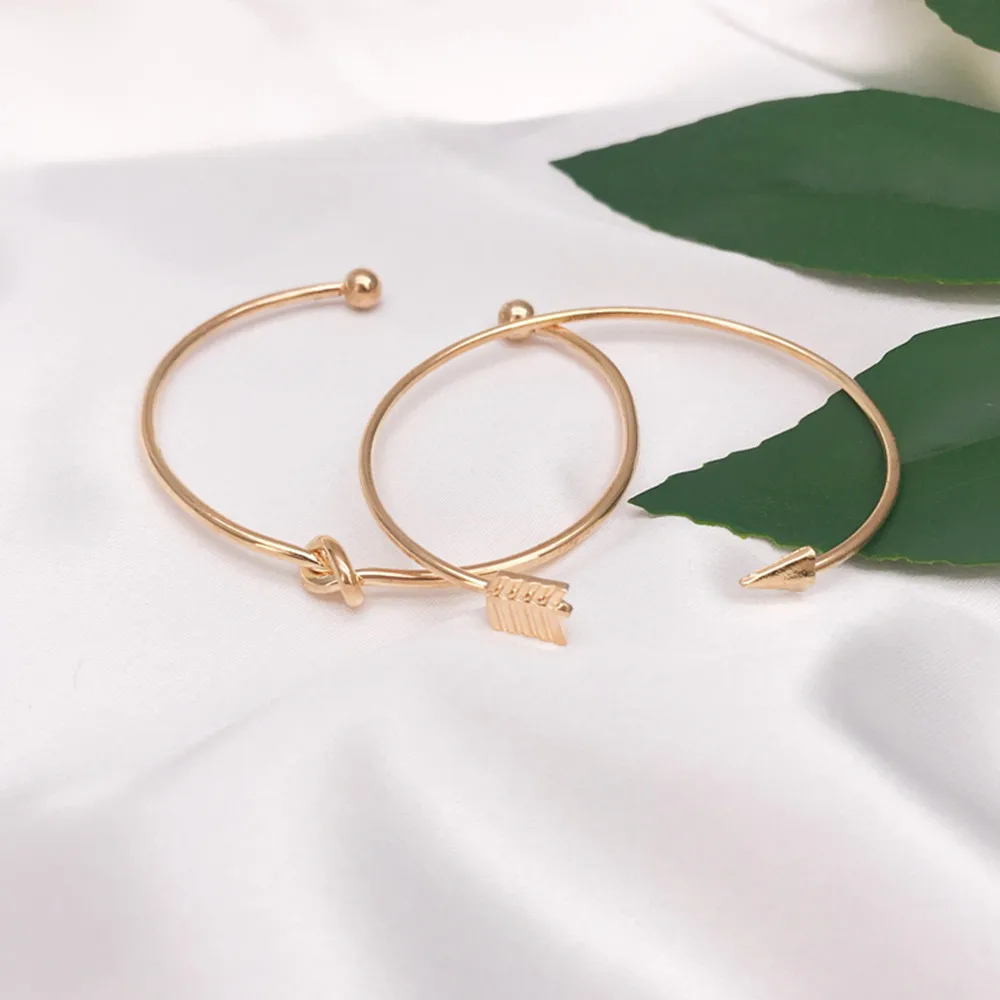 

2Pcs/Set Fashion Women Arrow Knotted Bracelets Gold Color Vintage Open Arm Cuff Punk Bangles Simple Jewelry Gift for Girls