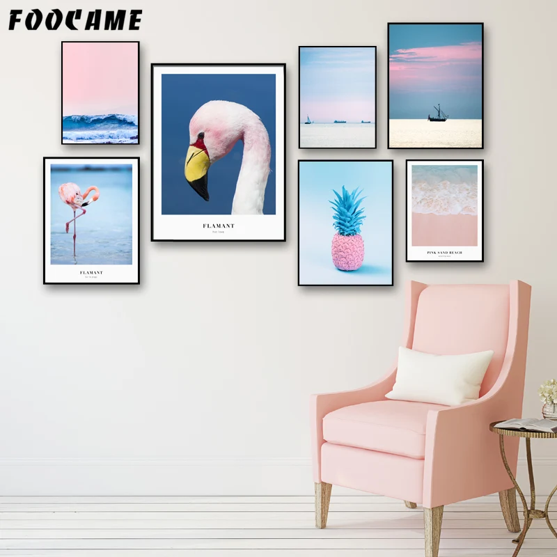 

FOOCAME Flamingo Pineapple Pink Beach Seascape Nordic Posters and Prints Art Canvas Painting Home Decor Pictures For Living Room