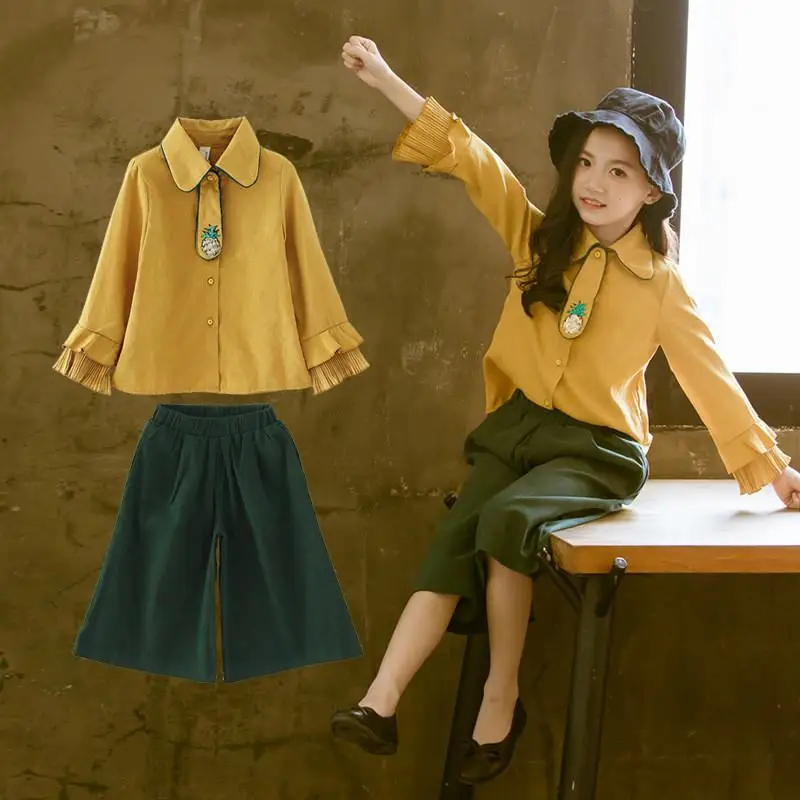 

2019 Kids Girls Causal Clothes Set Children Flare Sleeve Shirt With Tie+Wide Legged Pants Set Teen Girls Ruffles Loose Suit Q385