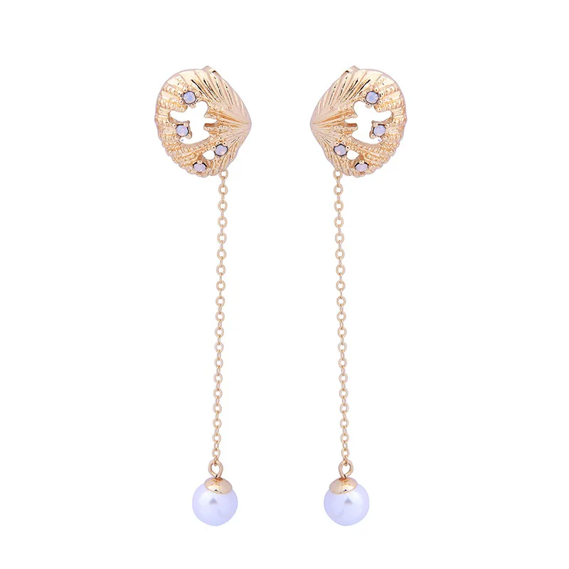 

Hollow Shells Pave Shiny Crystal Drop Earrings Exquisite Synthetic Pearls Pendant Earrings For Women Long Chain Dangle Earrings
