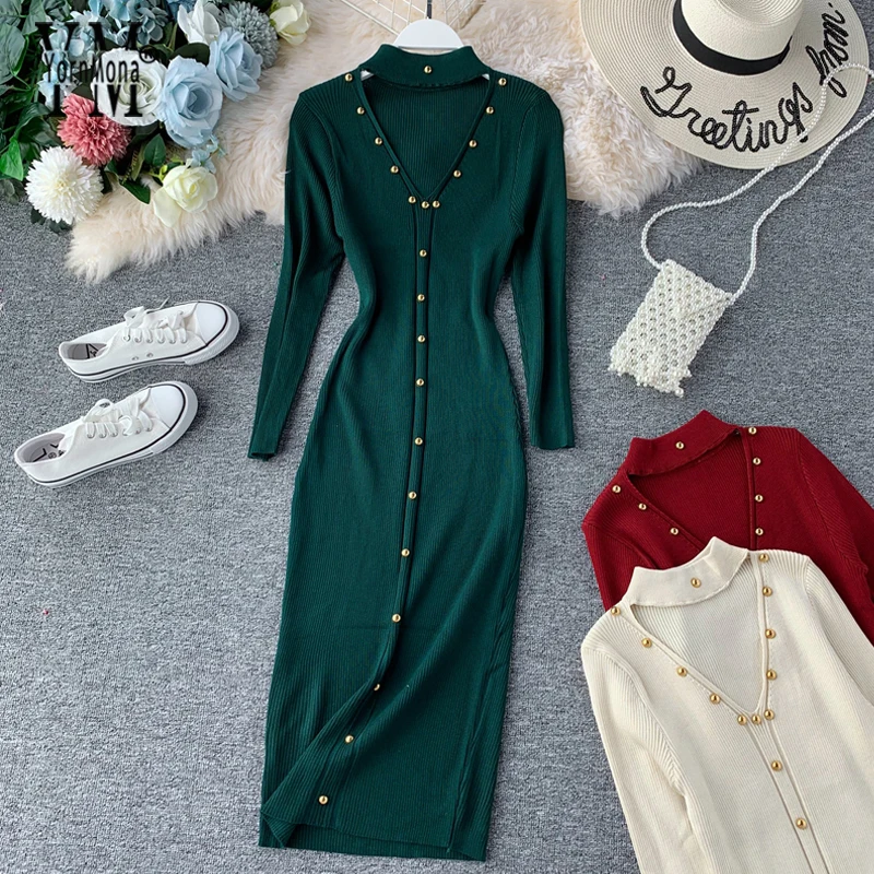 

YornMona Hollow Out Green Dress 2019 New Women Midi Knitted Work Dress V Neck Long Sleeve Elegant Dress Ladies Office Dresses