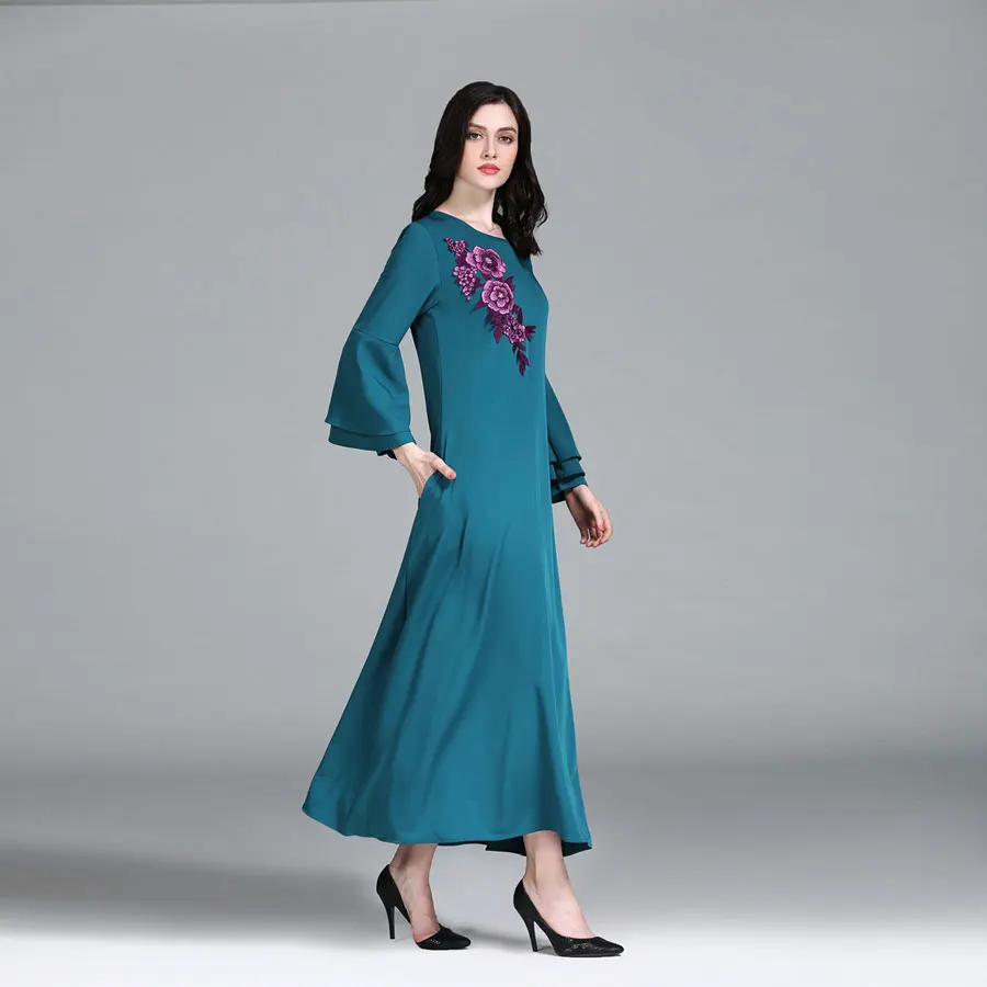 Повседневное мусульманская вышивка Абаи Flare рукавом Макси платье-Кимоно длинное халаты Рамадан Ближний Восток Арабский исламский Костюмы