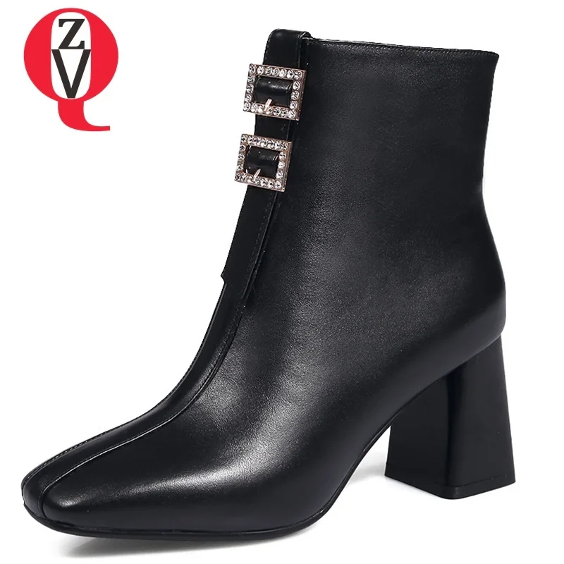 

ZVQ 2018 new fashion winter warm high square heel zipper square toe genuine leather women shoes outside lady office ankle boots