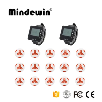 

Mindewin Waiters Button 15pcs Call Service Button + 2pcs LED Screen Watch Receiver Pager Wireless Calling System For Cafe Shop